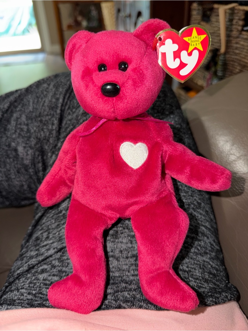 Ty Bright Pink Beanie Baby Bear with White Heart